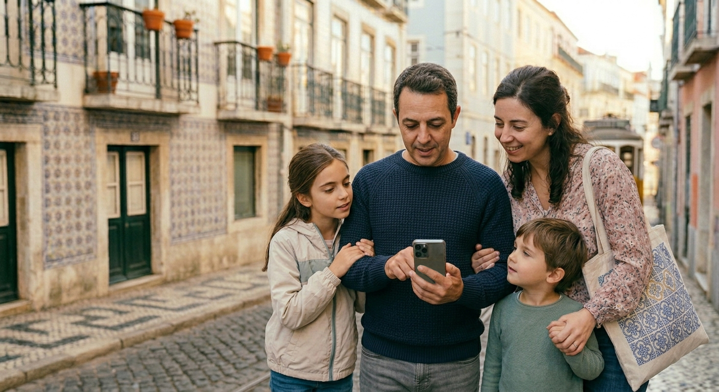 Family using a travel app on a phone