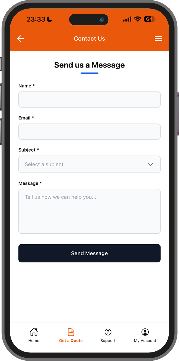 Contact support form screen